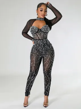 Alluring Jumpsuit Rhinestones Sheer Long Sleeves Skinny Rompers