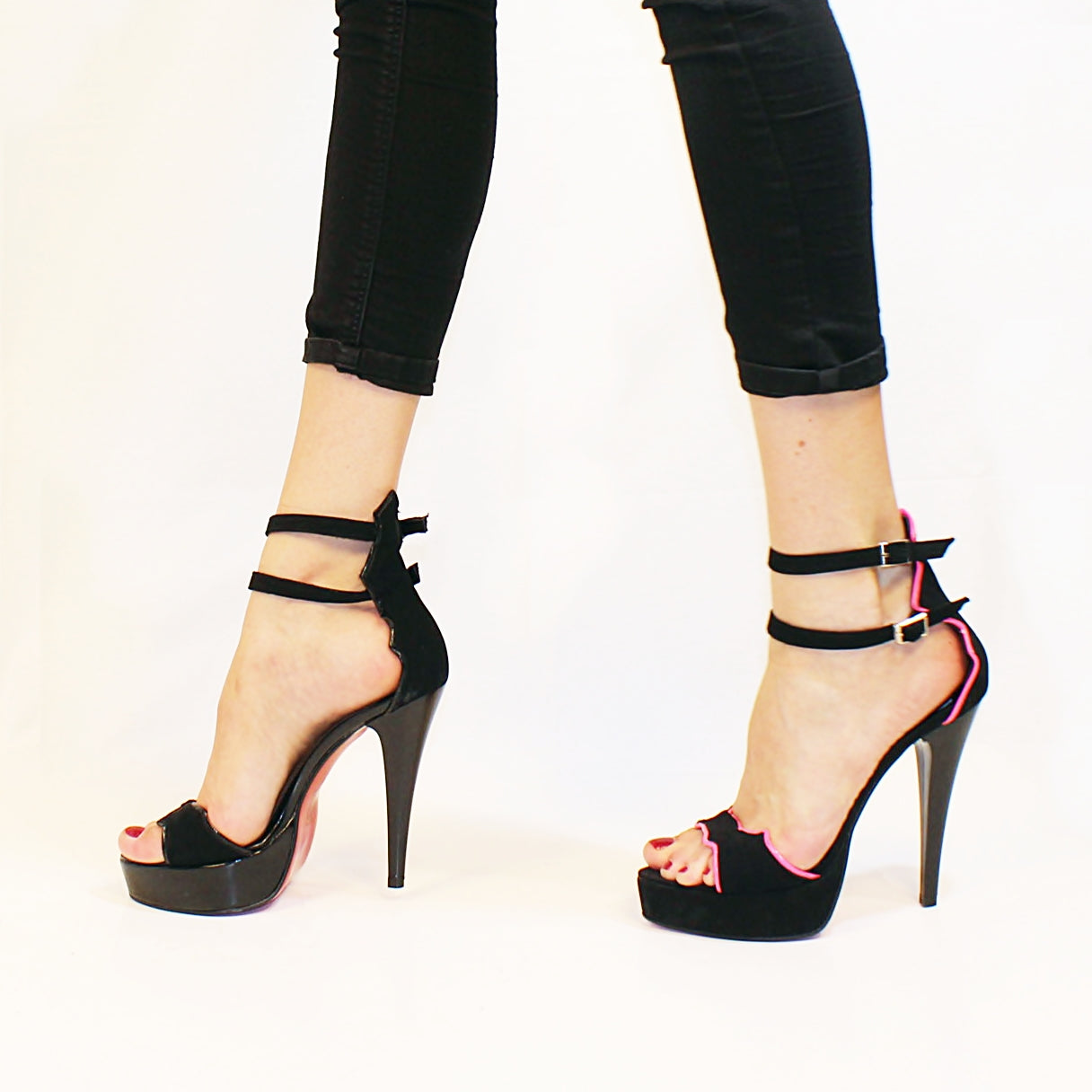 Ankle Strap Black Pink Bat High Heel Platform Shoes