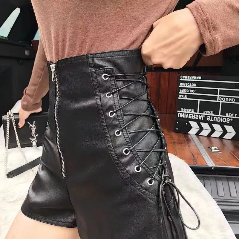 Bandage Pu Leather Shorts High Waist Tight