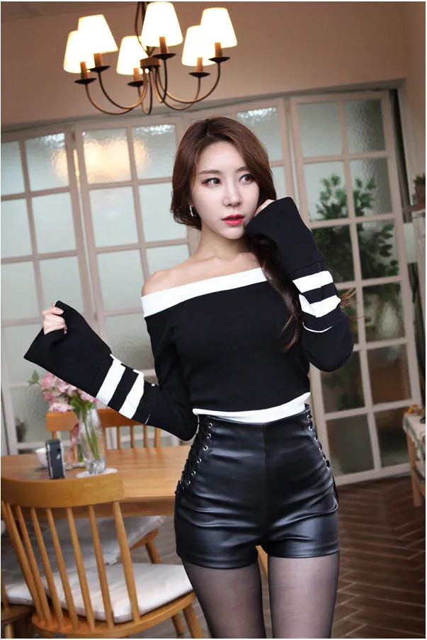 Bandage Pu Leather Shorts High Waist Tight