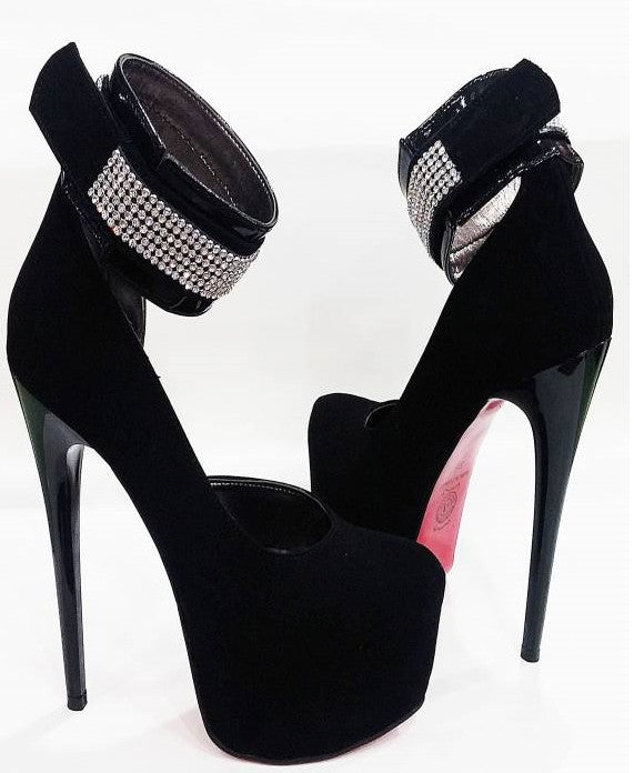 Black High Heel Platform Pumps with Rhinestone Ankle Strap