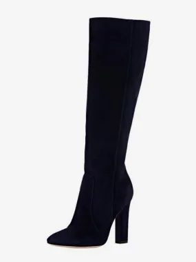 Black Suede Knee High Boots Chunky Heel Boots