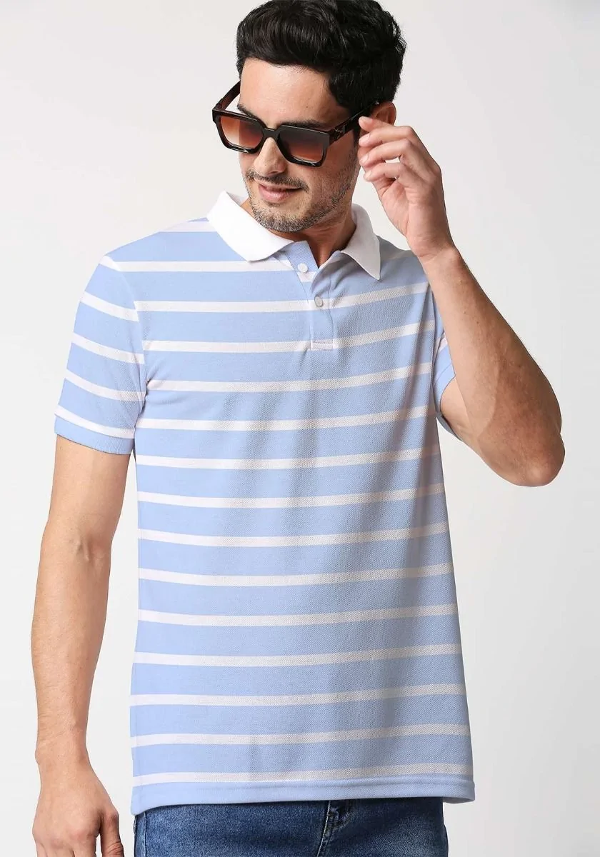 Blue And White Stripe Printed Polo