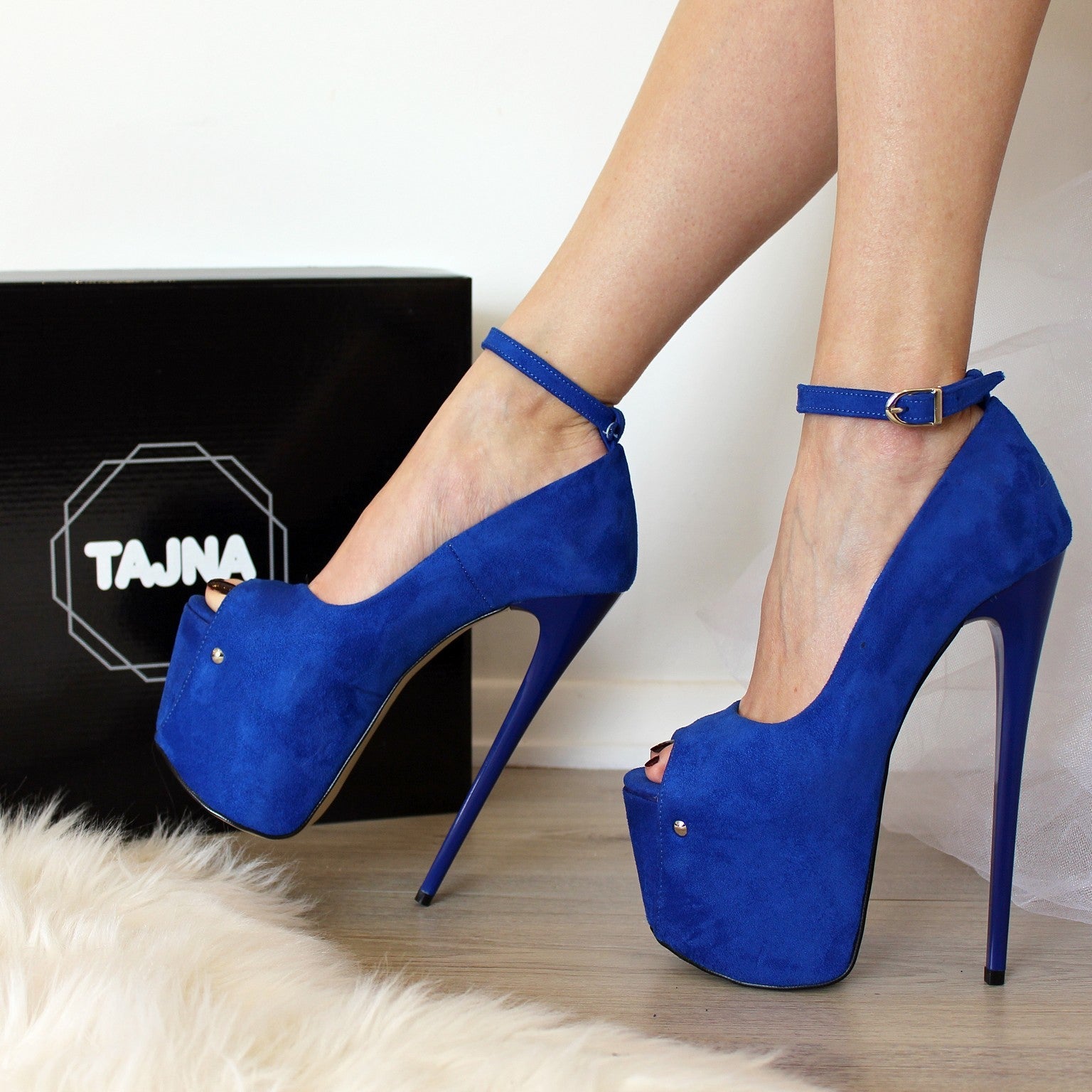 Blue Suede Peep Toe High Heel Platforms