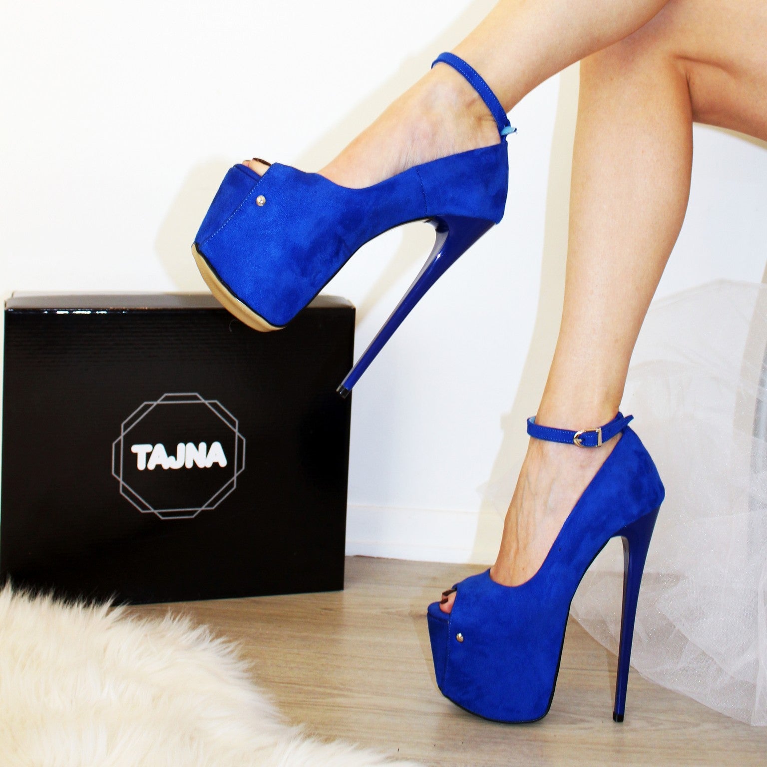 Blue Suede Peep Toe High Heel Platforms