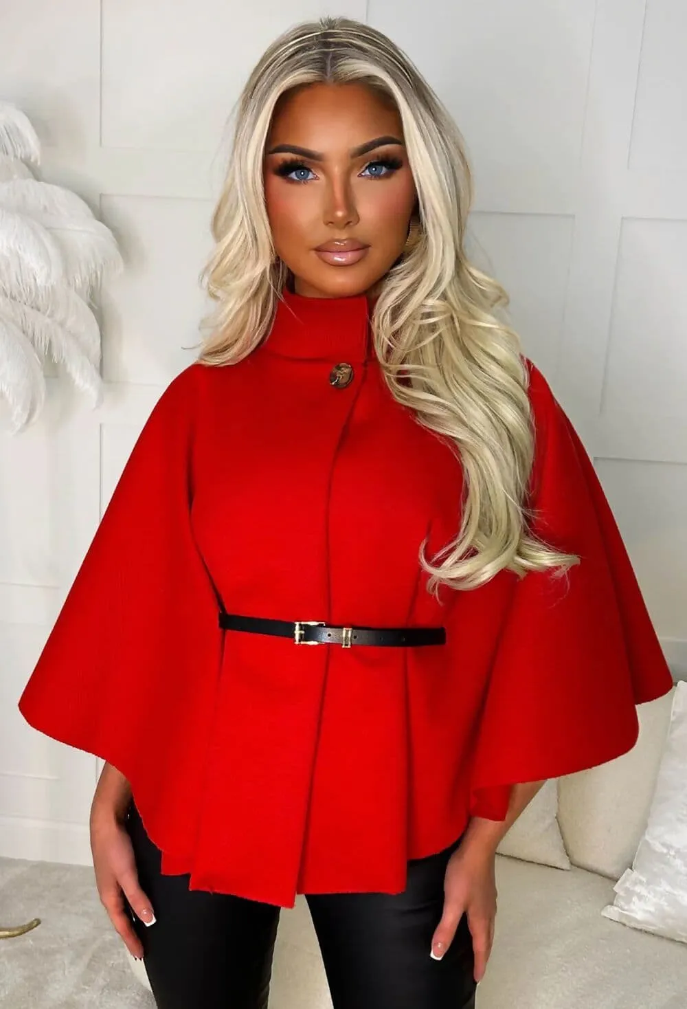 Chic Red Belted Cape Jacket