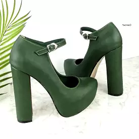 Dark Green 13 cm Chunky Heel Mary Jane Heels