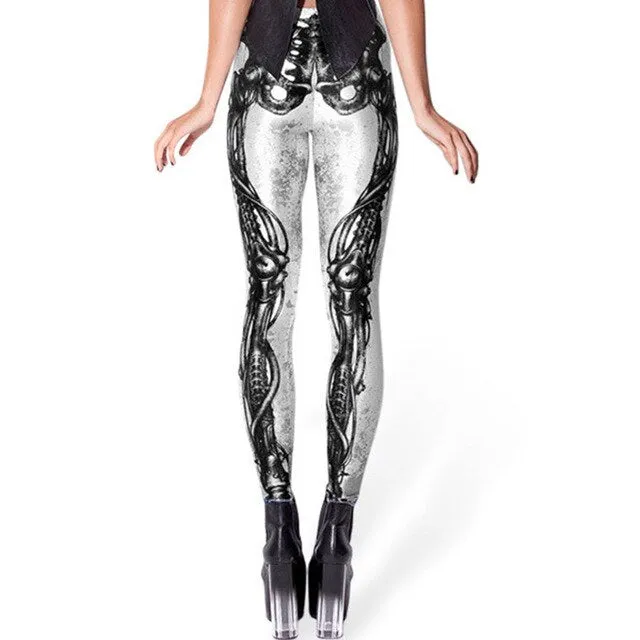 Fashion Black Women Leggings Fitness Mid Waist Elastic Push Up Skull Print Ankle Length Spandex Leggings