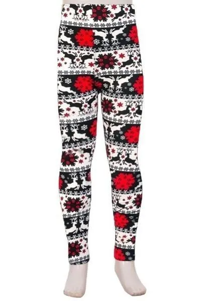 Girls Christmas Holiday Leggings, Kids Yoga Pants, Sizes S/L, No-Roll Waist, Black/Red/White