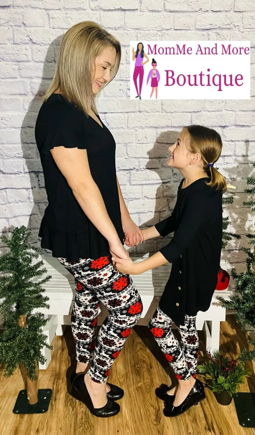 Girls Christmas Holiday Leggings, Kids Yoga Pants, Sizes S/L, No-Roll Waist, Black/Red/White