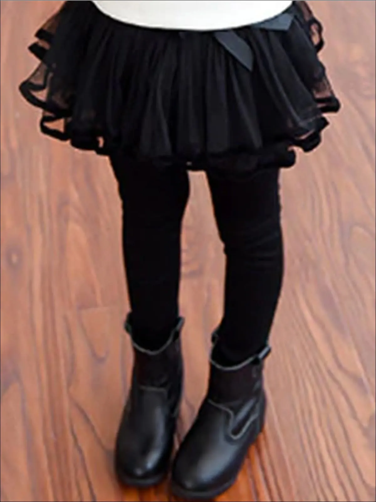 Girls Ruffled Tutu Skirt Leggings with Satin Bow