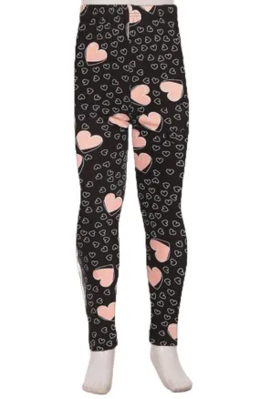 Girls Valentines Day Heart Leggings, Kids Yoga Pants, Sizes S/L, No-Roll Waist, Pink