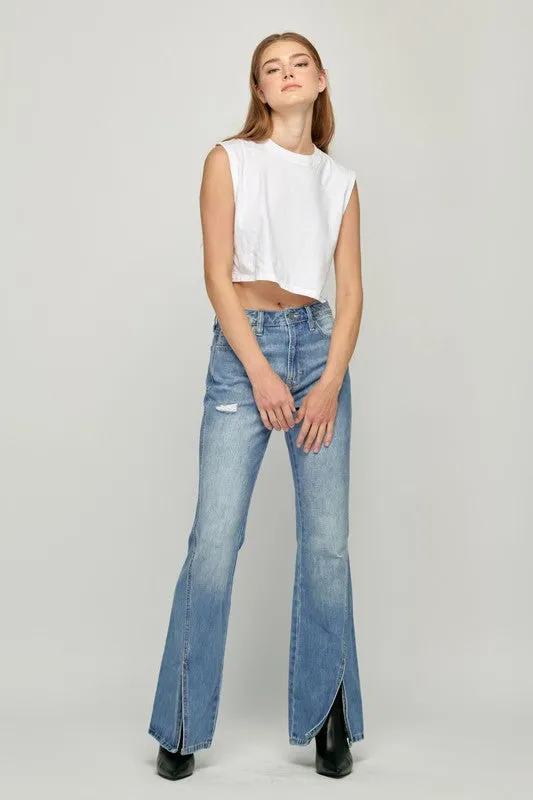 Hidden Front Slit Flare Jeans