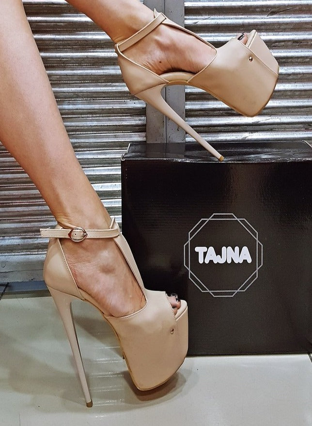 High Heel Beige Peep Toe Platforms