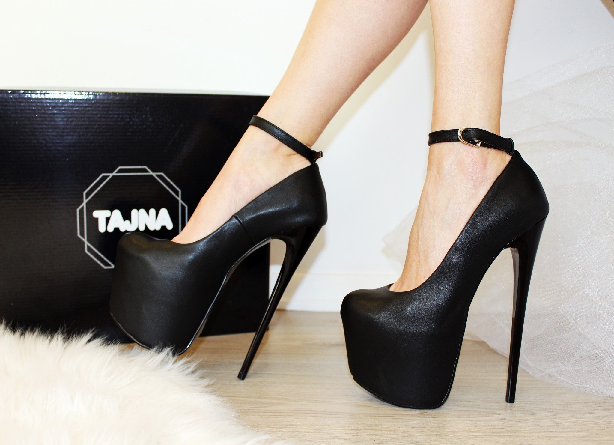 High Heel Black Ankle Strap Platform Pumps