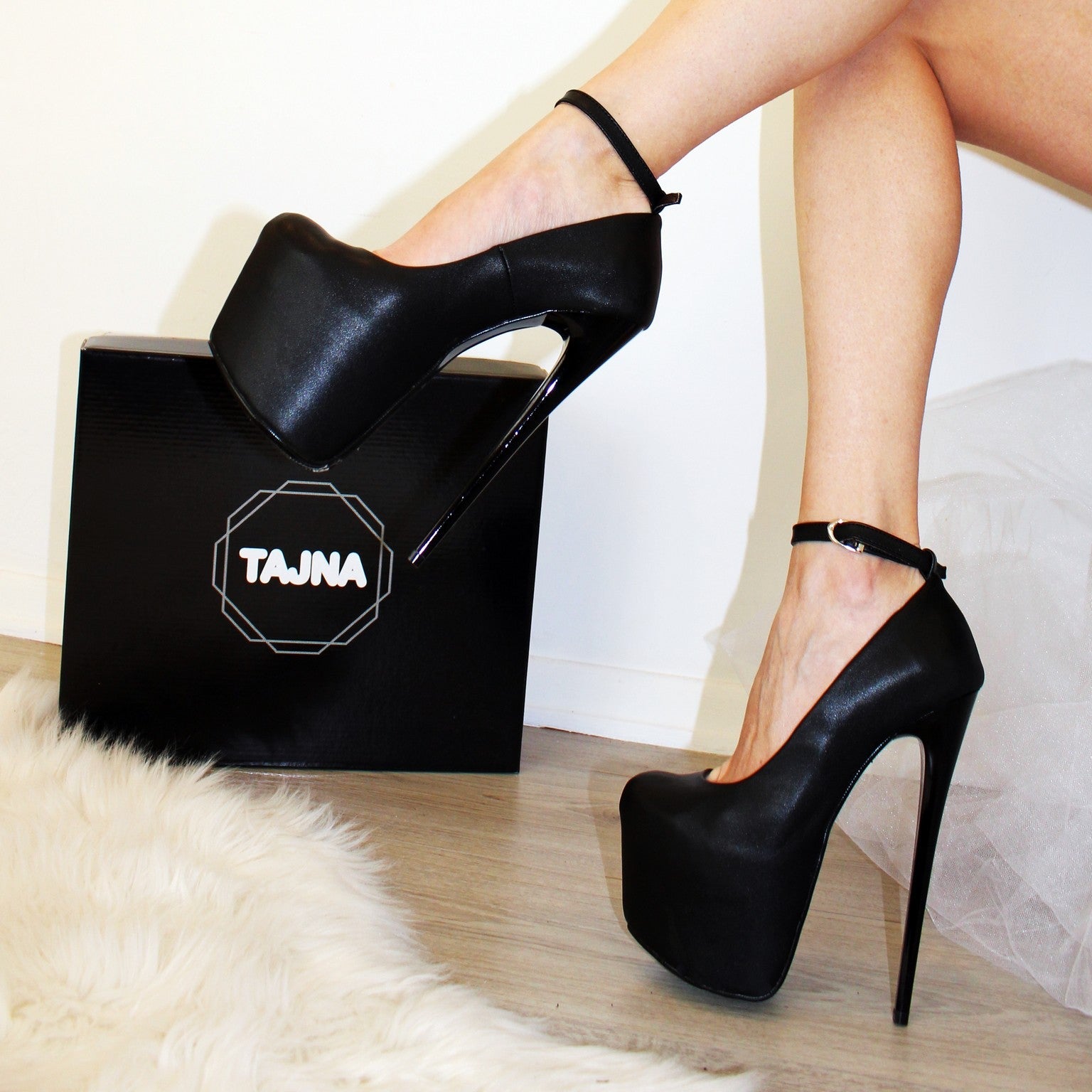 High Heel Black Ankle Strap Platform Pumps