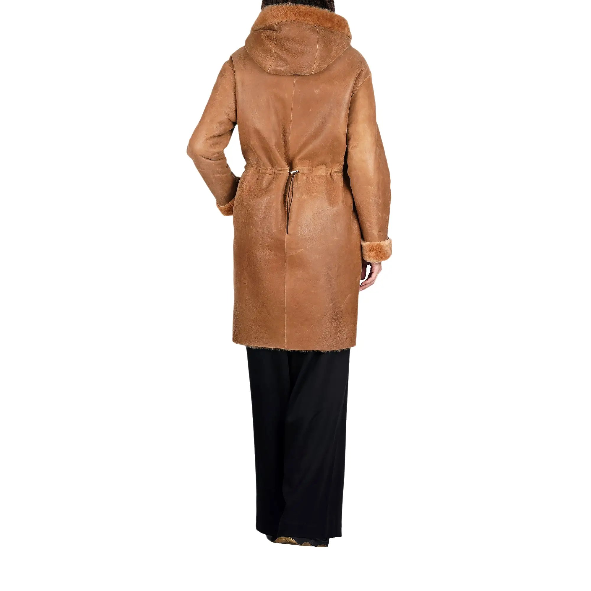 Hooded Shearling Coat Camel