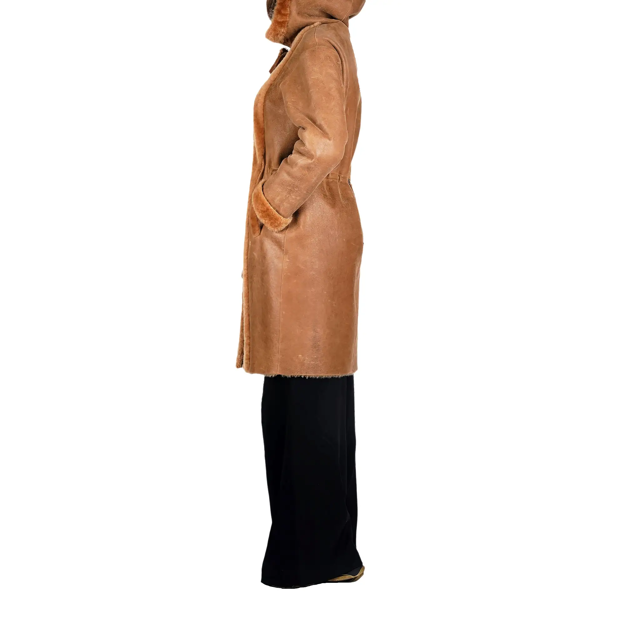 Hooded Shearling Coat Camel