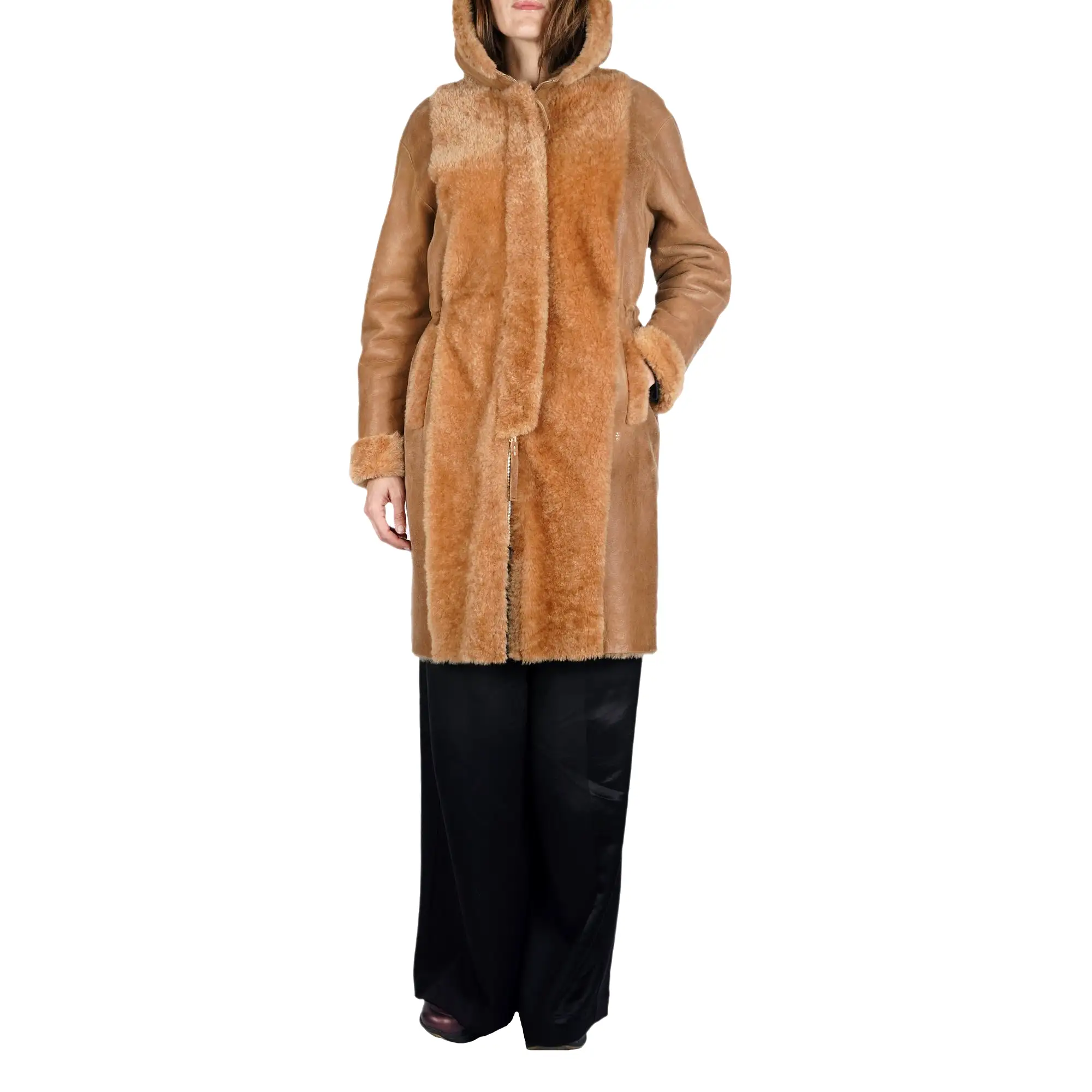 Hooded Shearling Coat Camel