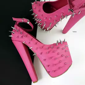 Hot Pink Spike Studded Fetish with Chunky Heels