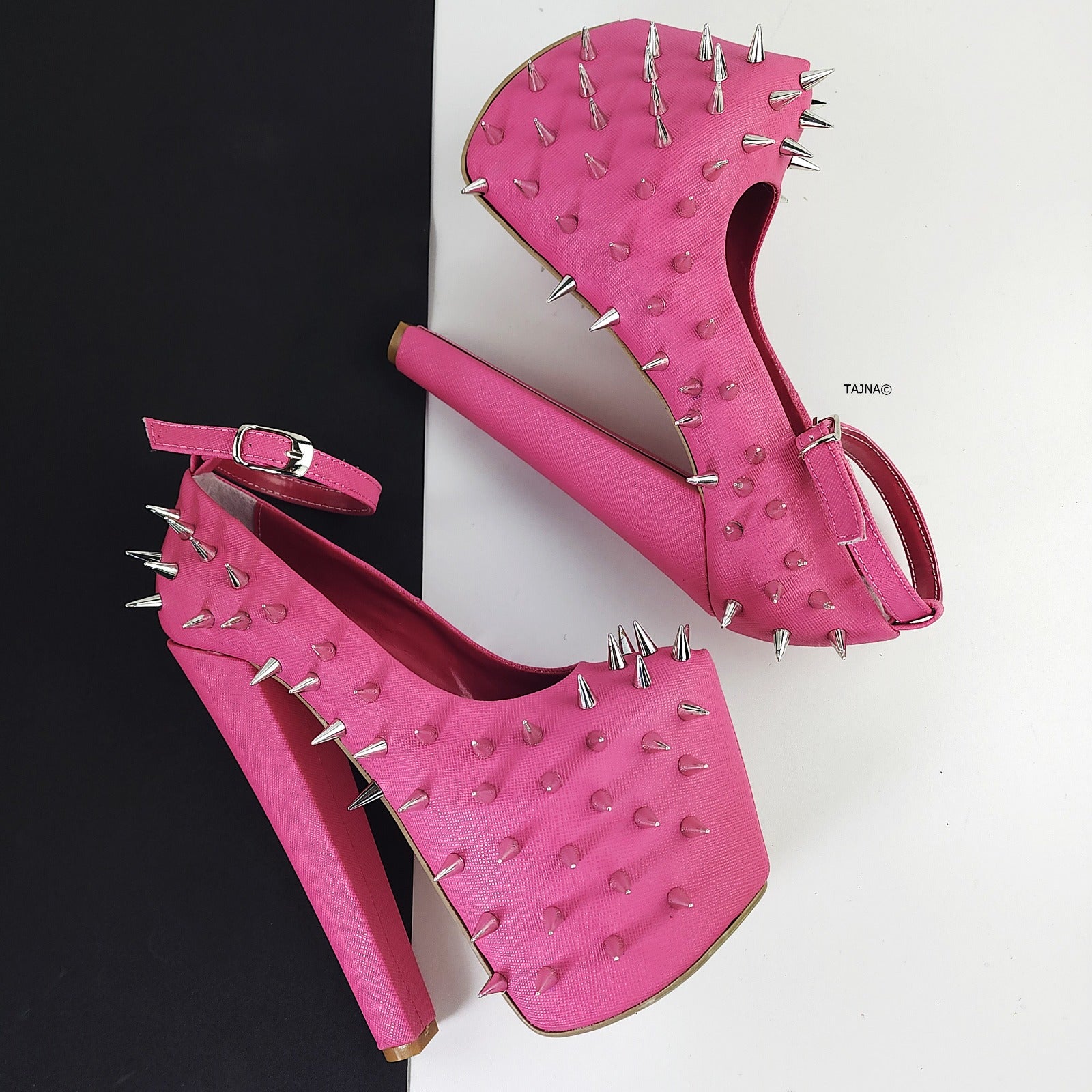 Hot Pink Spike Studded Fetish with Chunky Heels