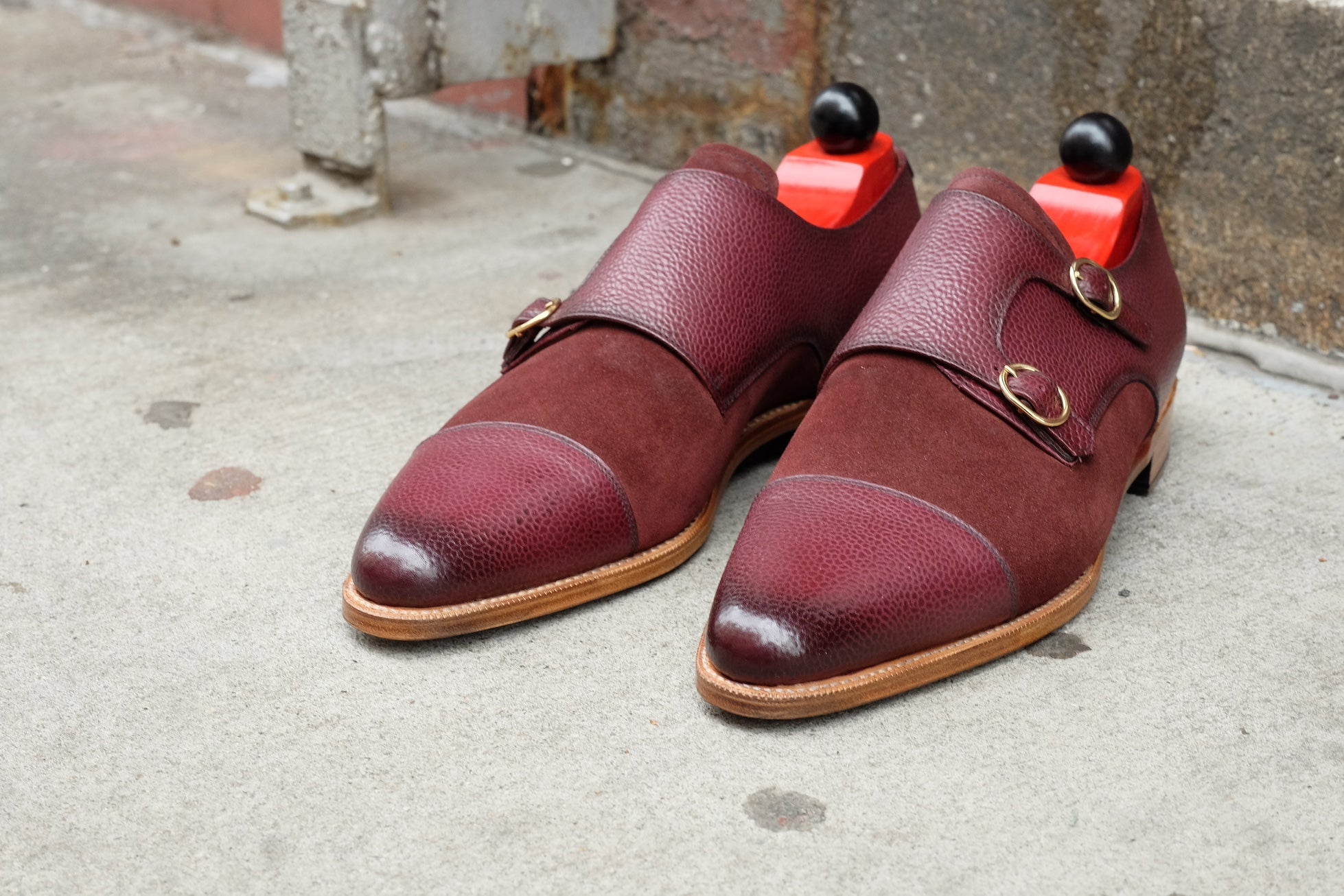 Kent - MTO - Burnished Burgundy Scotch Grain / Burgundy Suede - JKF Last - Gold Hardware - Single Leather Sole - Natural Edging 