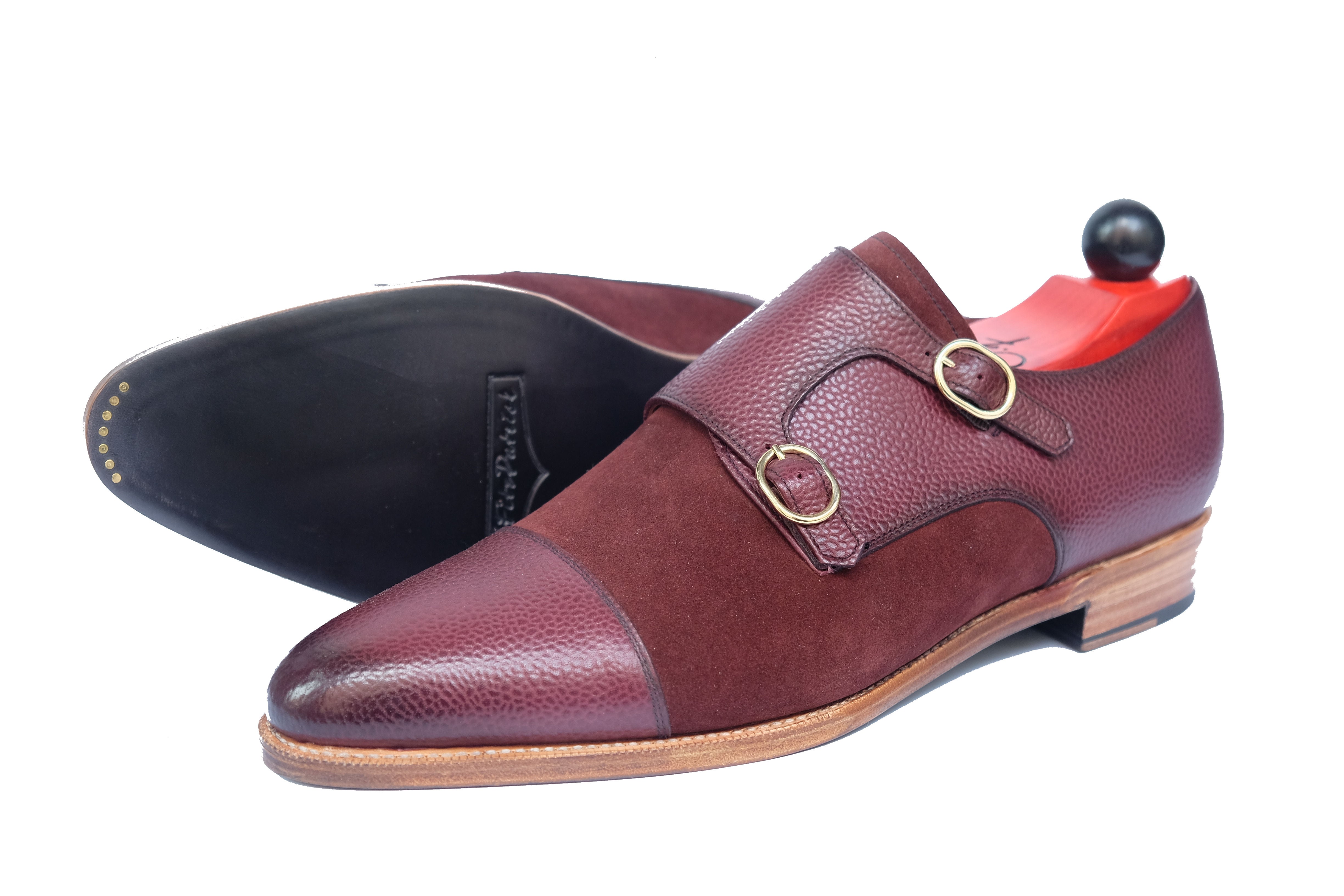 Kent - MTO - Burnished Burgundy Scotch Grain / Burgundy Suede - JKF Last - Gold Hardware - Single Leather Sole - Natural Edging 