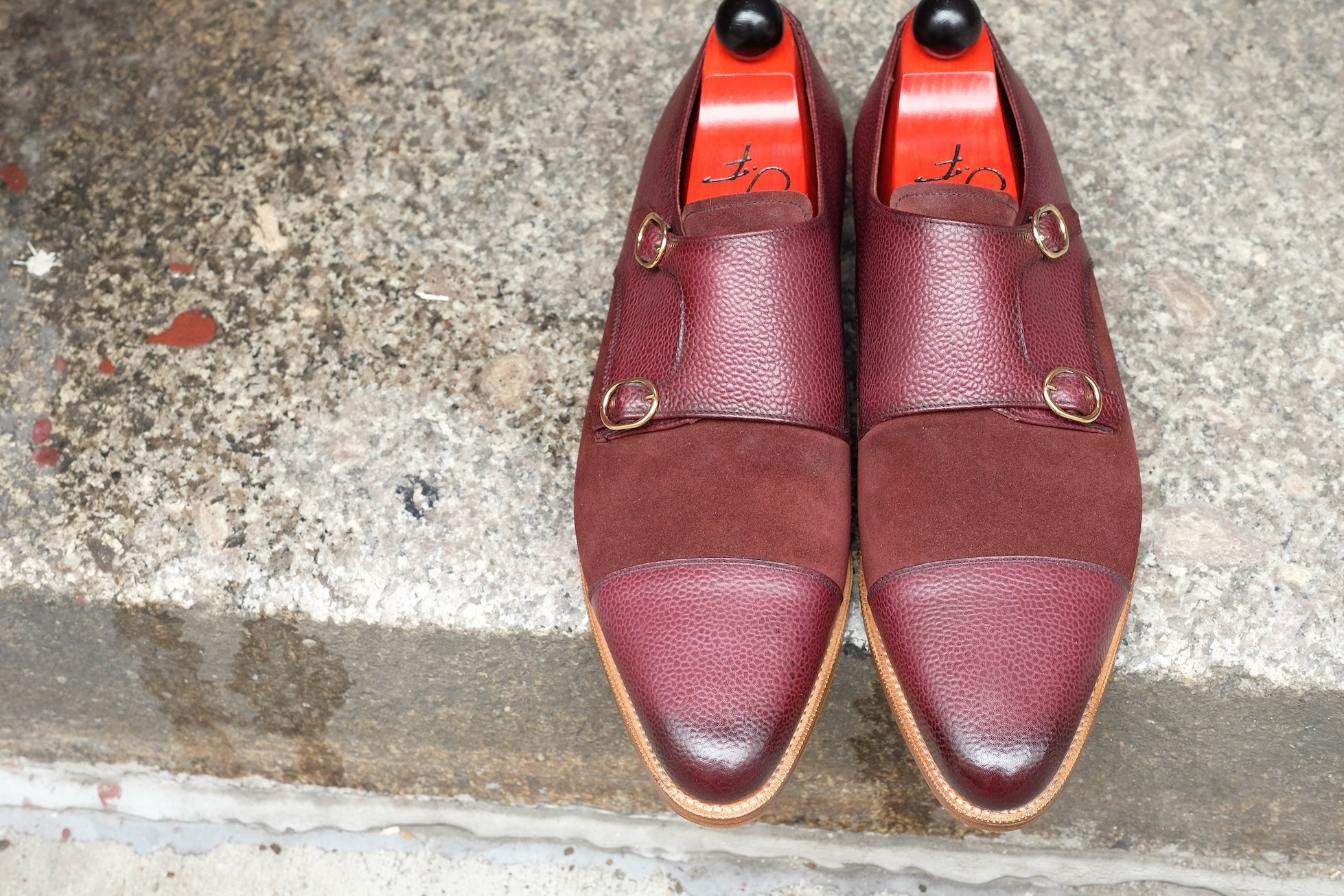 Kent - MTO - Burnished Burgundy Scotch Grain / Burgundy Suede - JKF Last - Gold Hardware - Single Leather Sole - Natural Edging 