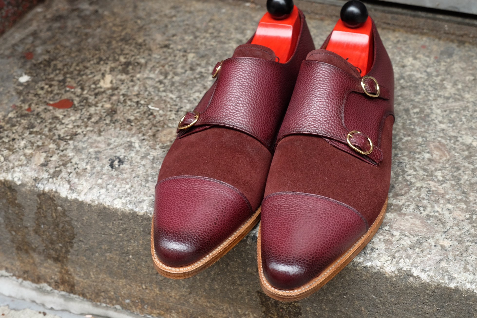 Kent - MTO - Burnished Burgundy Scotch Grain / Burgundy Suede - JKF Last - Gold Hardware - Single Leather Sole - Natural Edging 