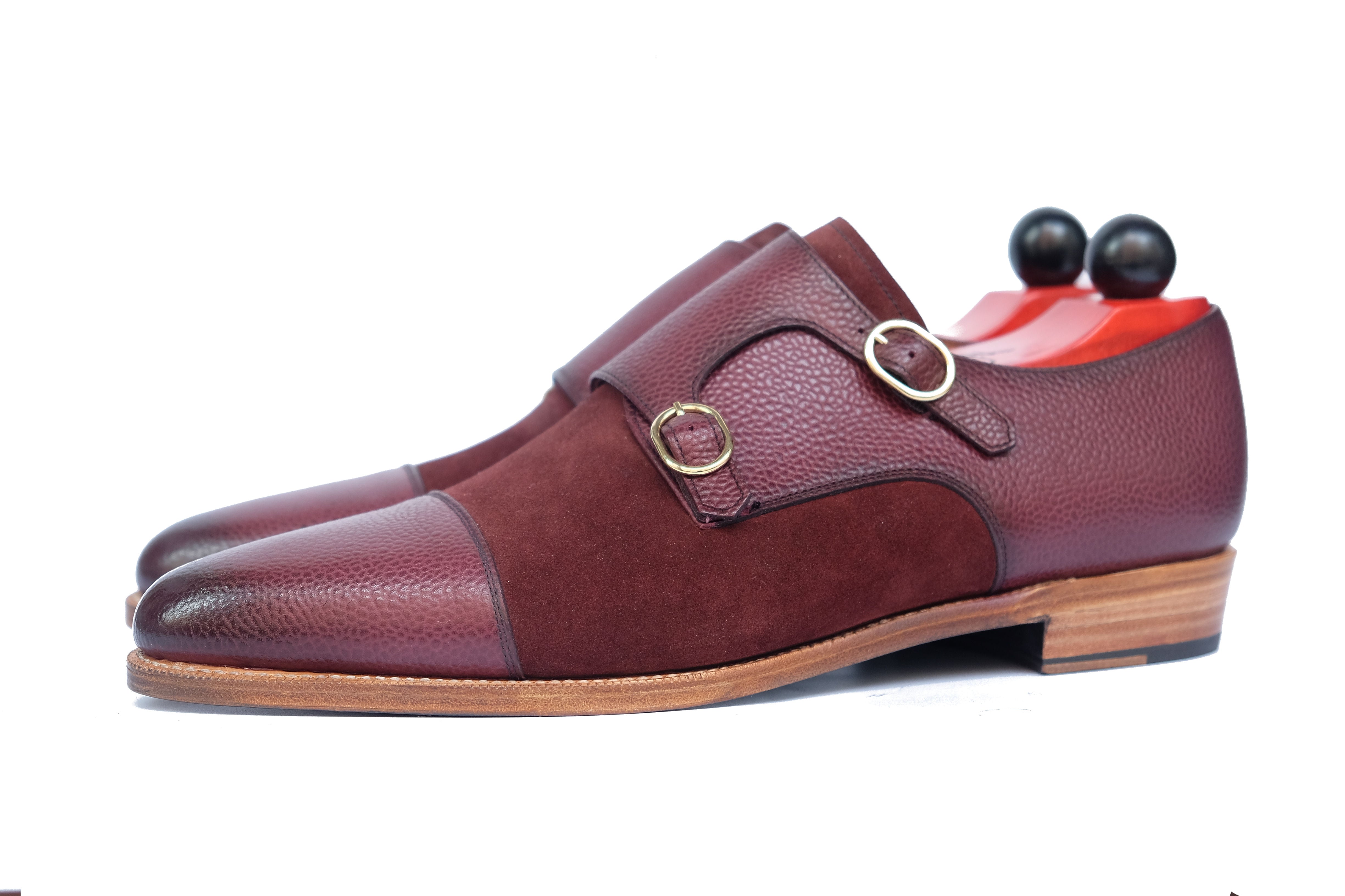 Kent - MTO - Burnished Burgundy Scotch Grain / Burgundy Suede - JKF Last - Gold Hardware - Single Leather Sole - Natural Edging 