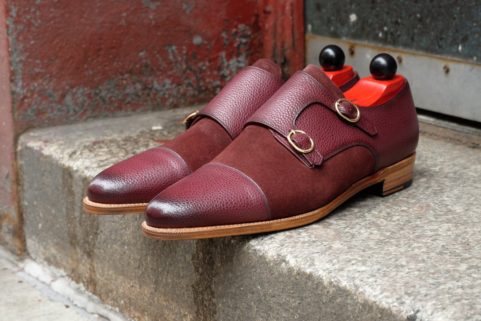 Kent - MTO - Burnished Burgundy Scotch Grain / Burgundy Suede - JKF Last - Gold Hardware - Single Leather Sole - Natural Edging 