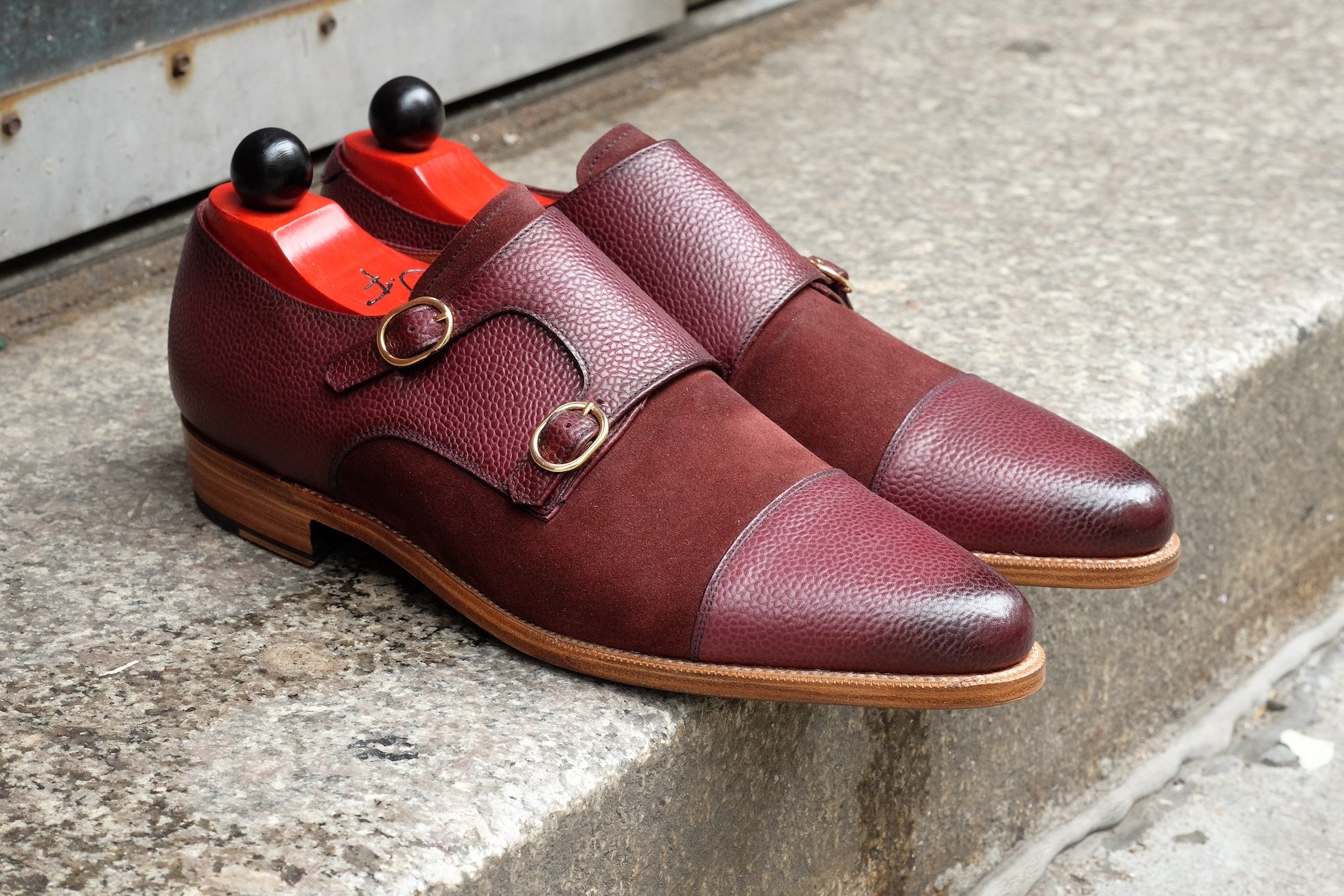 Kent - MTO - Burnished Burgundy Scotch Grain / Burgundy Suede - JKF Last - Gold Hardware - Single Leather Sole - Natural Edging 