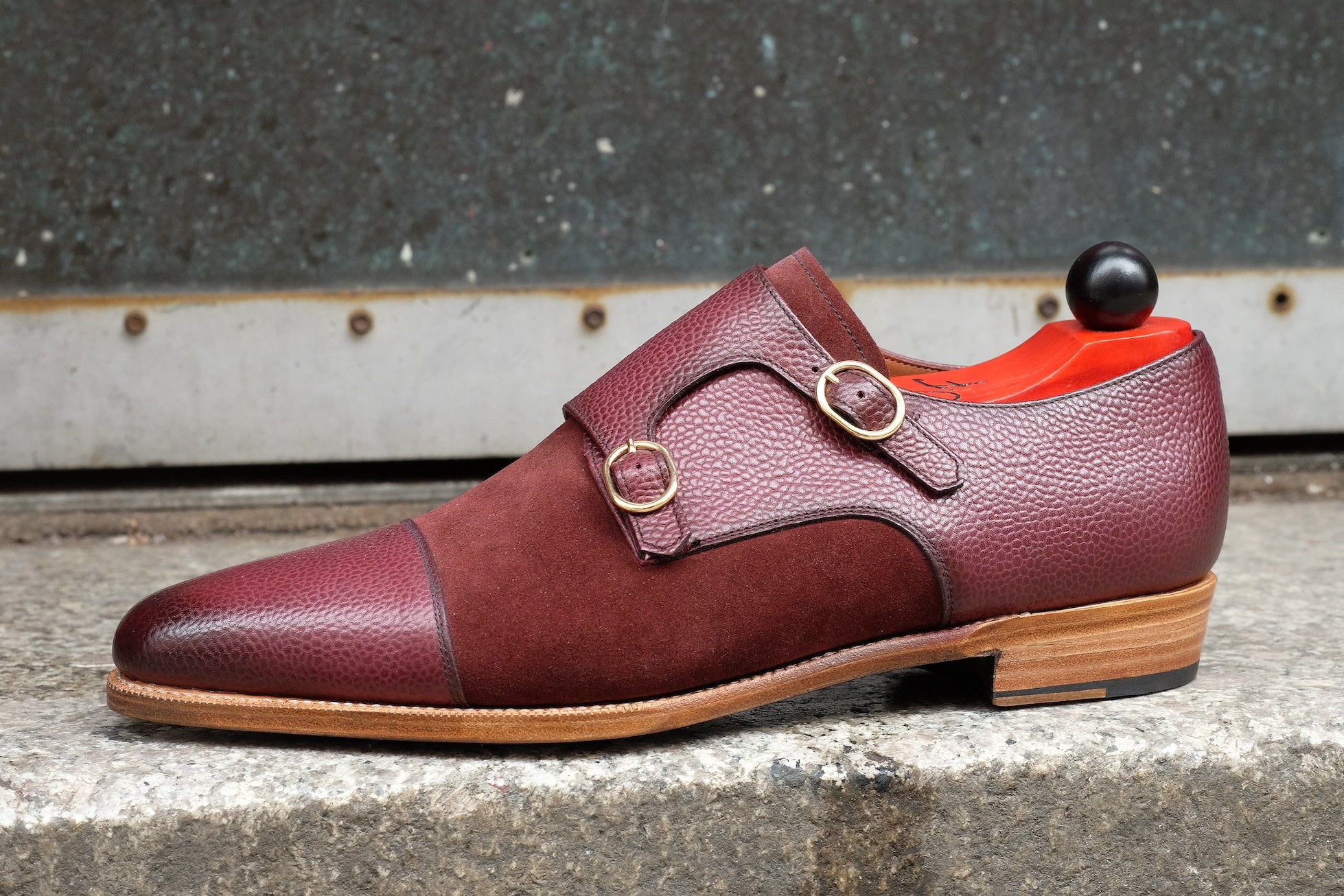 Kent - MTO - Burnished Burgundy Scotch Grain / Burgundy Suede - JKF Last - Gold Hardware - Single Leather Sole - Natural Edging 