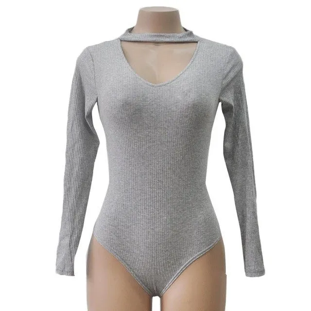 Long Sleeve Sexy Rompers Chocker Sexy V-Neck Women Bodysuits Slim Solid Rompers For Women #112 SM6