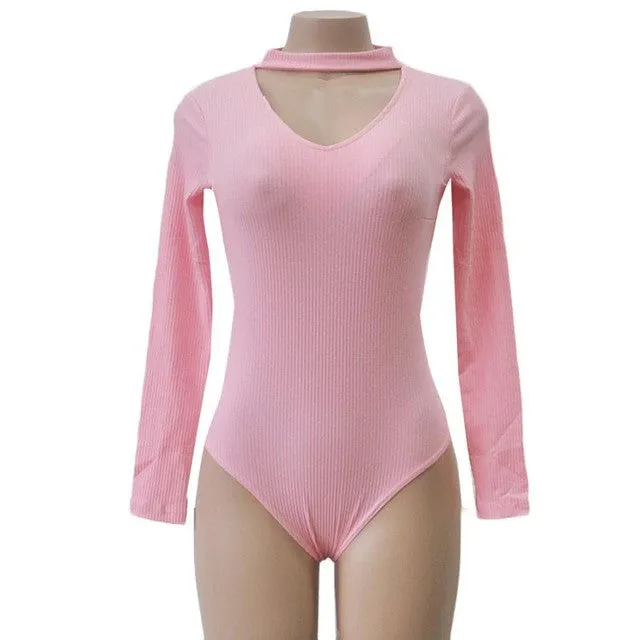 Long Sleeve Sexy Rompers Chocker Sexy V-Neck Women Bodysuits Slim Solid Rompers For Women #112 SM6