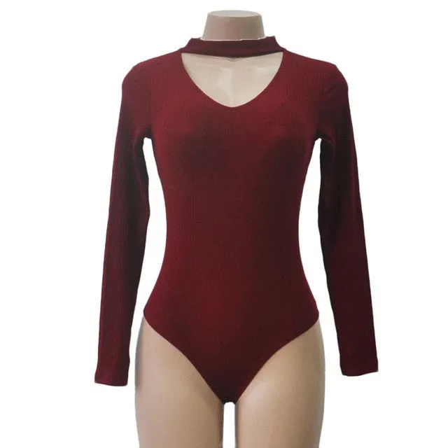 Long Sleeve Sexy Rompers Chocker Sexy V-Neck Women Bodysuits Slim Solid Rompers For Women #112 SM6