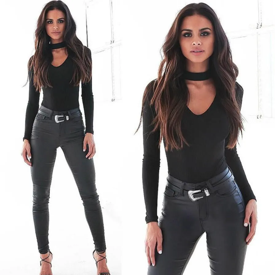 Long Sleeve Sexy Rompers Chocker Sexy V-Neck Women Bodysuits Slim Solid Rompers For Women #112 SM6