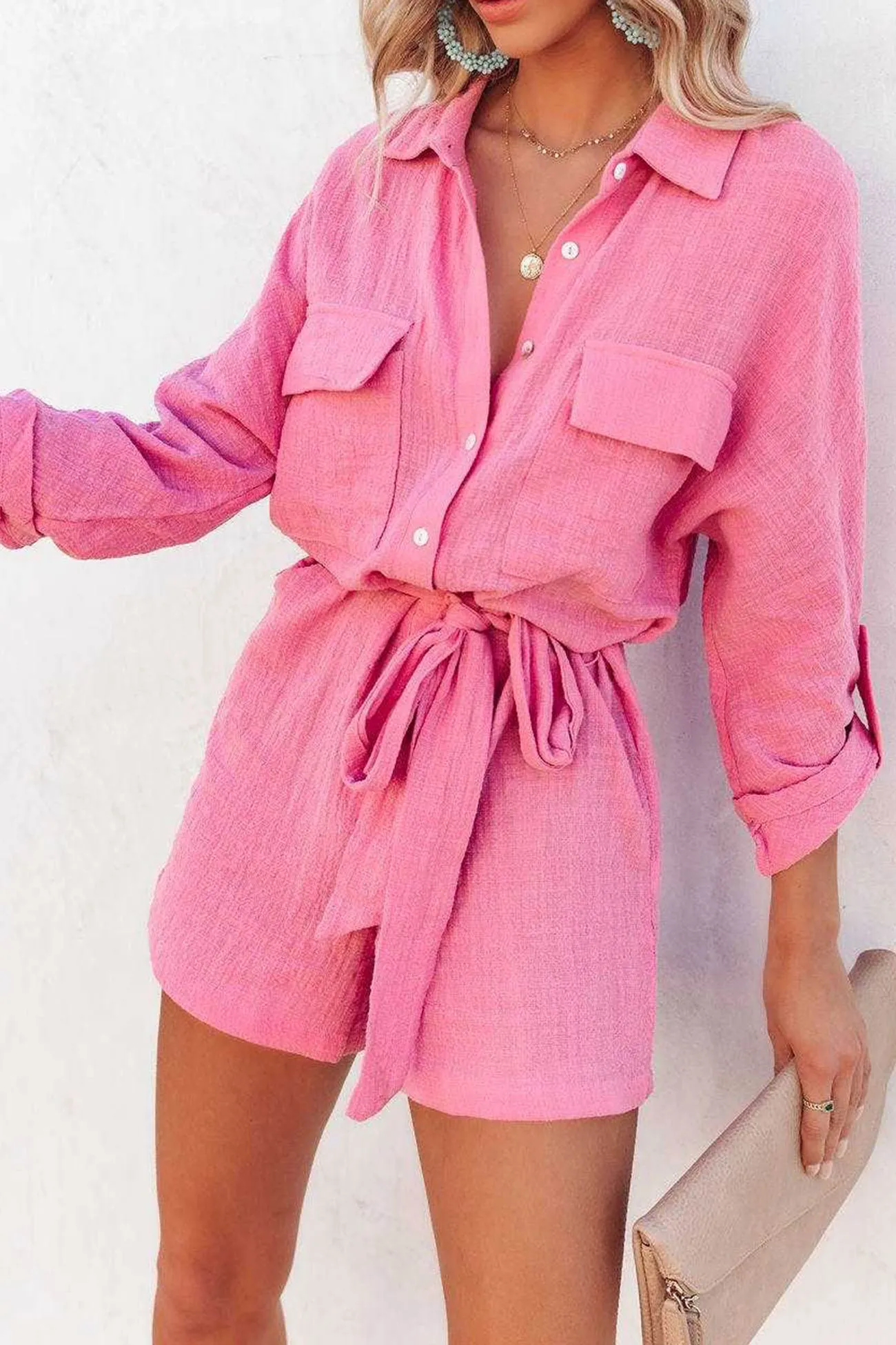 Long Sleeve Tie-waist Shirt Rompers