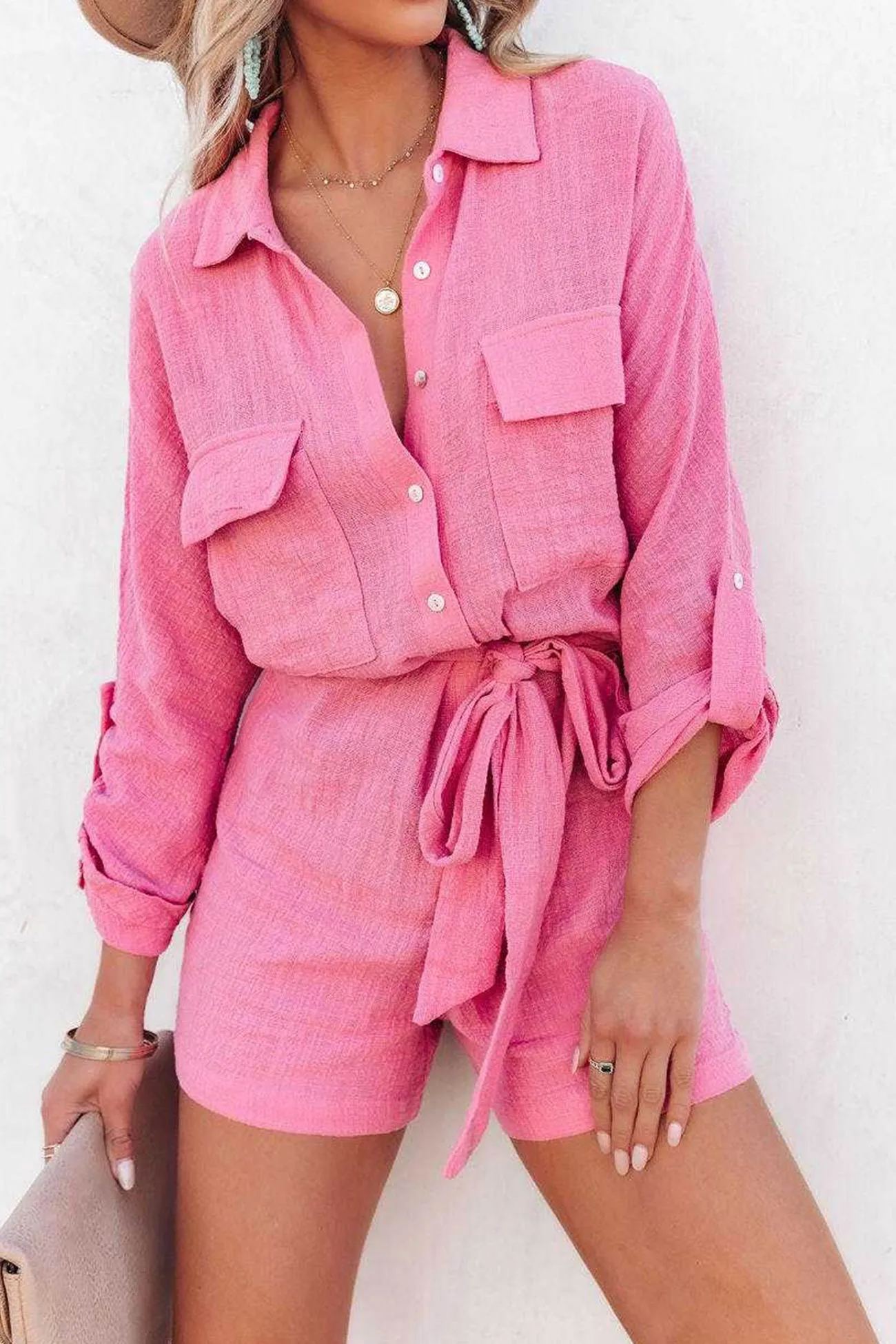 Long Sleeve Tie-waist Shirt Rompers