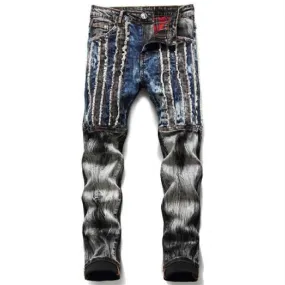 Men's Hip-Hop Denim Patchwork Splicing Color Slim Fit Skinny Jeans Pants