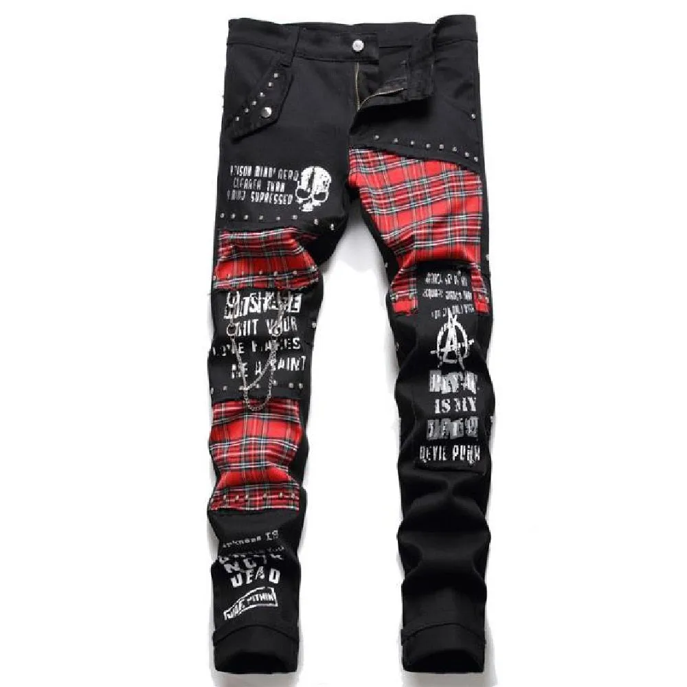 Men's Punk Style Pin Stitch Printed Middle Waist Casual Skinny Jeans Pants