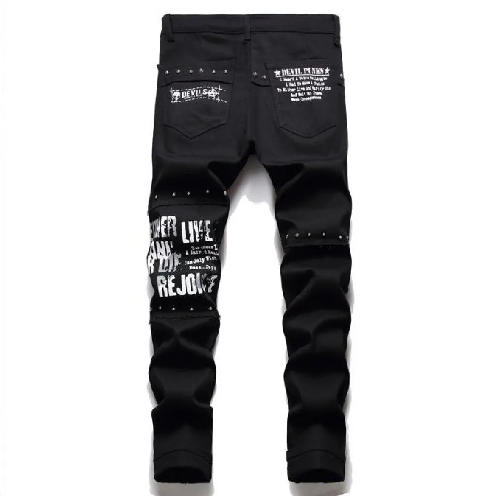 Men's Punk Style Pin Stitch Printed Middle Waist Casual Skinny Jeans Pants