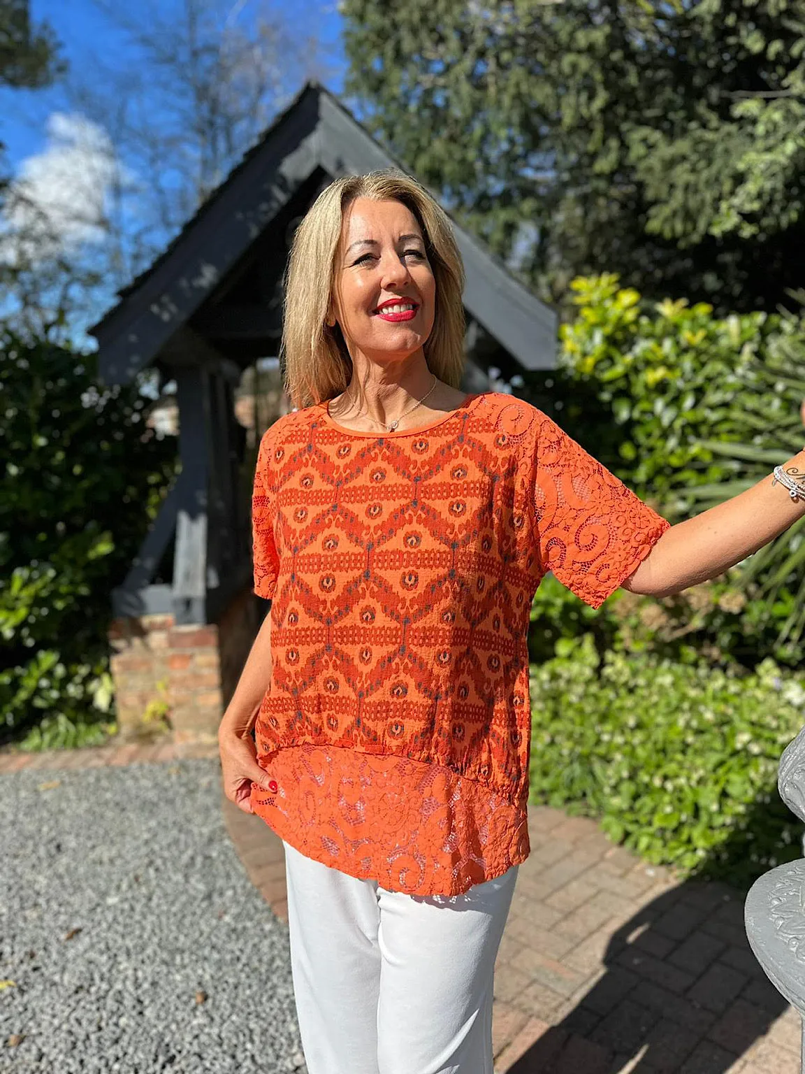 Orange Lace Trim Patterned Top Olivia