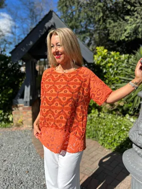 Orange Lace Trim Patterned Top Olivia