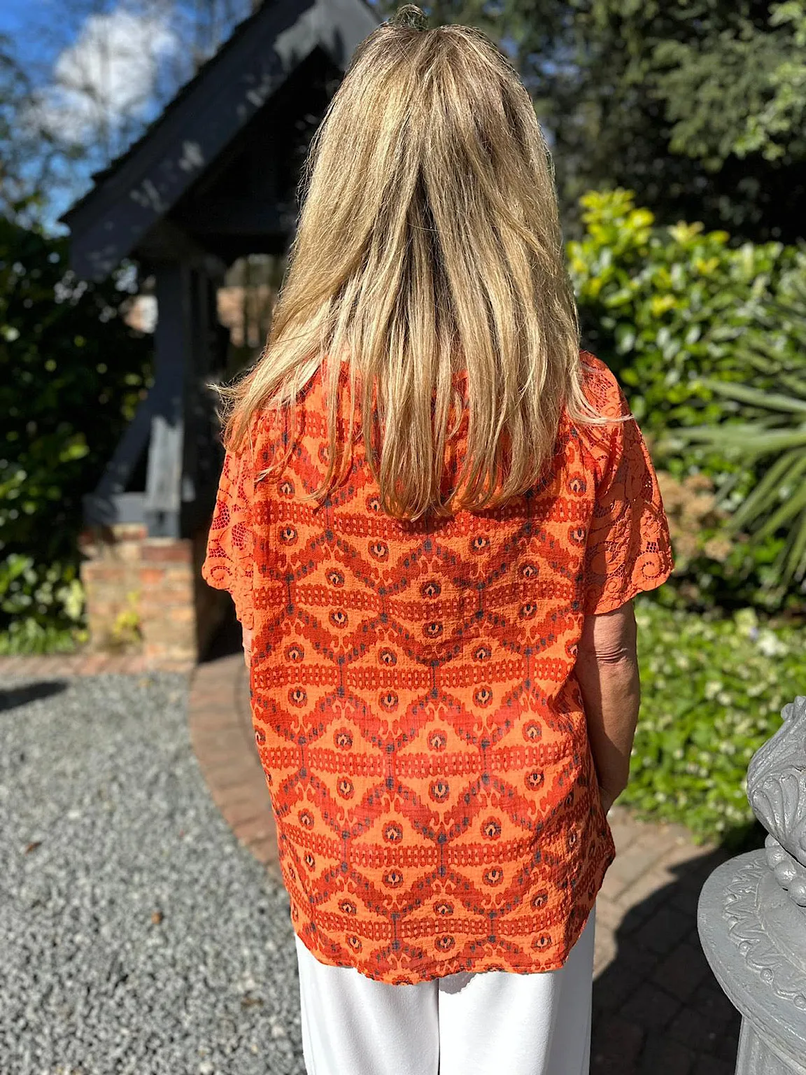 Orange Lace Trim Patterned Top Olivia