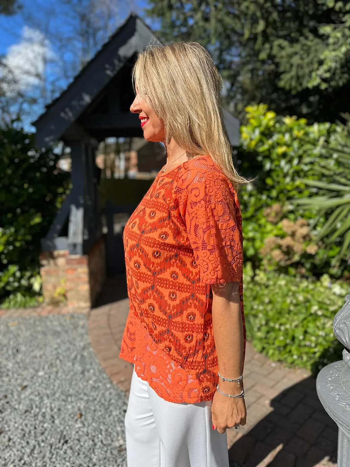 Orange Lace Trim Patterned Top Olivia