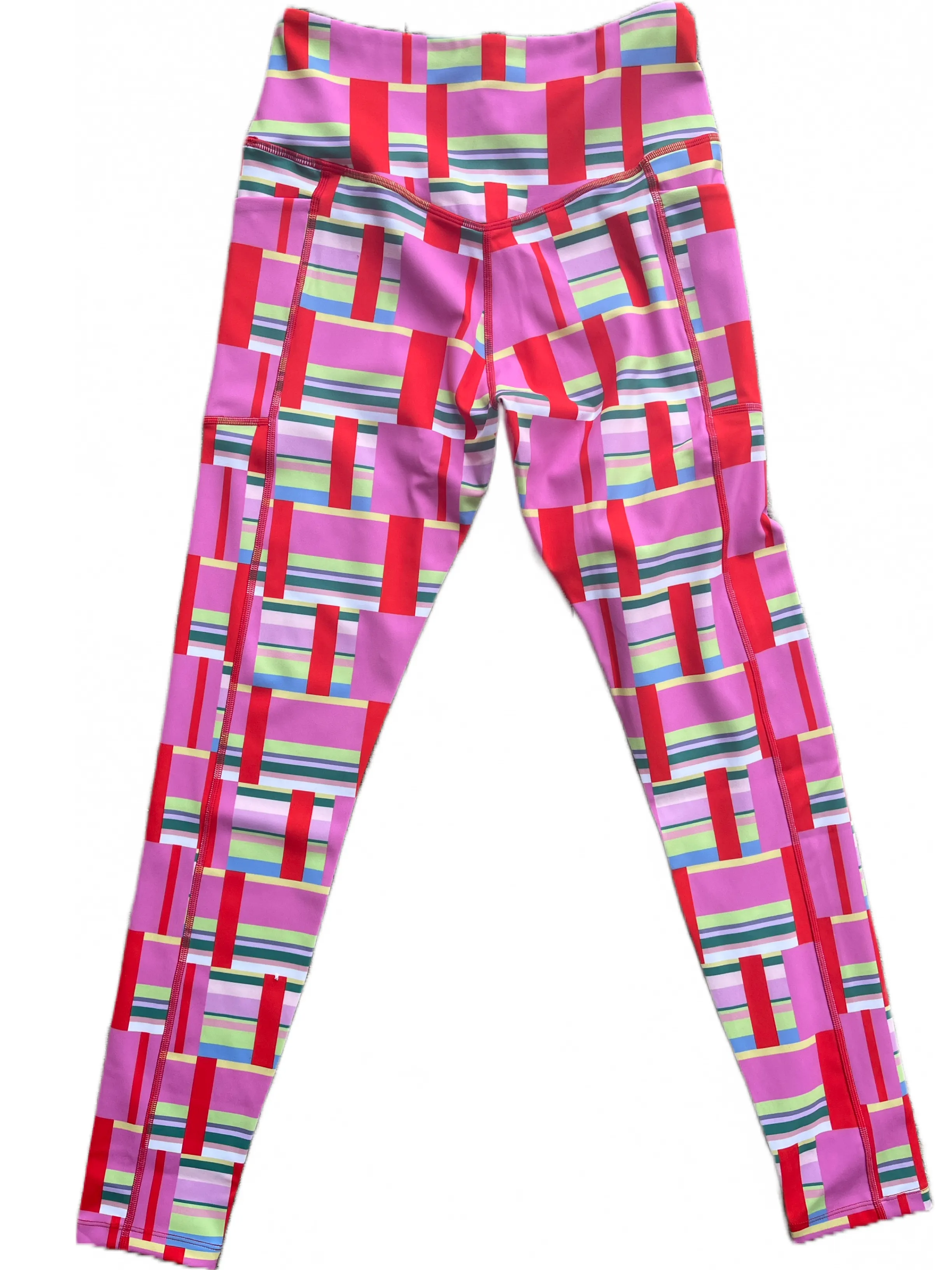 Pink and Red Striped Block print Leggings