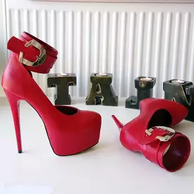 Red Belted Ankle Strap Platform Shoes