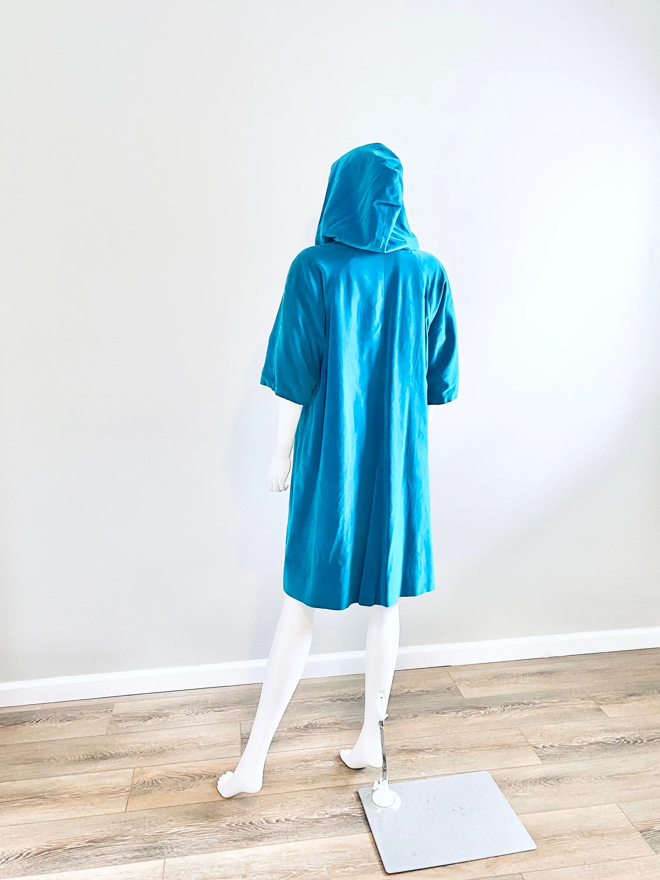 Vintage 1950s Hooded Velvet Aqua Coat / 50s Swing Coat / One Size