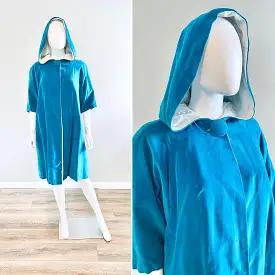 Vintage 1950s Hooded Velvet Aqua Coat / 50s Swing Coat / One Size